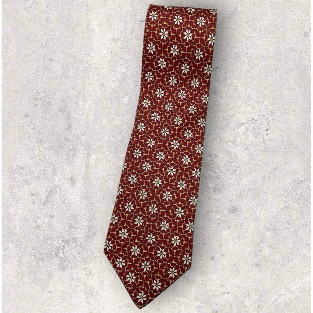 LONGCHAMP Silk Tie ITALY Burgundy Gold White Geometric Floral W:3.7" EUC